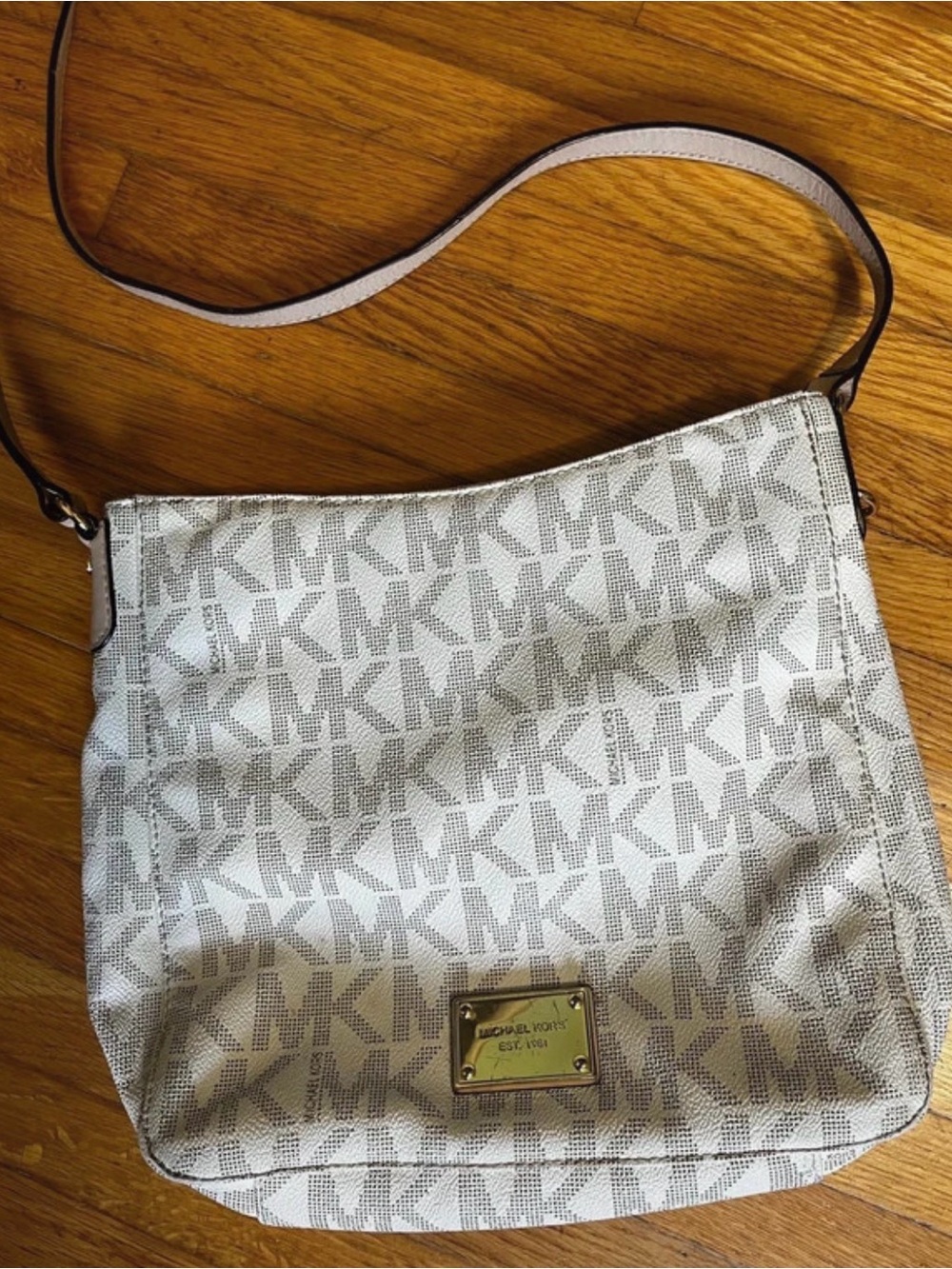 Michael Kors Light Gray MK Logo Crossbody Bag with Gold Plaque